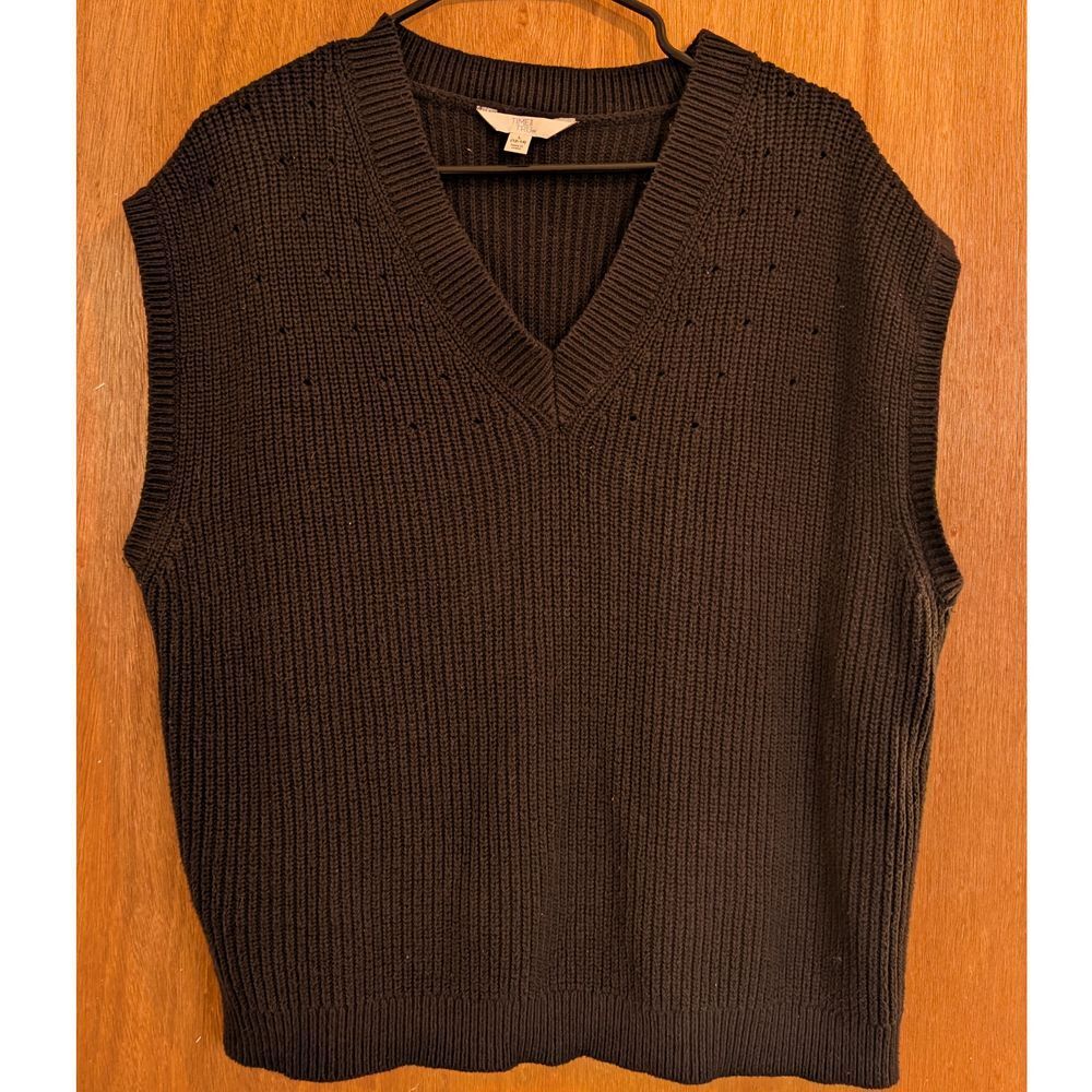 Oversized Classic Black Knit Sweater Vest V-Neck Sleeveless Ribbed Pullover